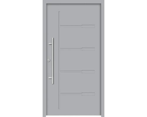 Graue Haustür mit Edelstahlgriff und horizontalen Dekorelementen.