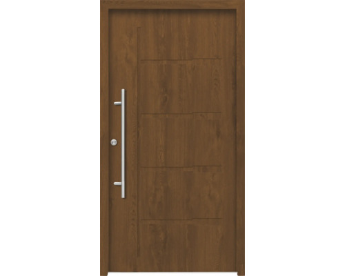 Splendoor Haustür ZEUS Aluminium 1100x2100 mm Golden Oak DIN Links (nach innen öffnend) inkl. Beschlagset und Profilzylinder mit 6 Schlüssel Moderne Haustür mit Edelstahlgriff und Holzmuster