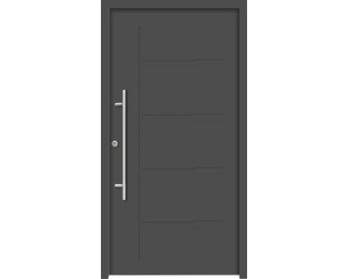 Graue Haustür mit horizontalen Rillen und Türgriff
