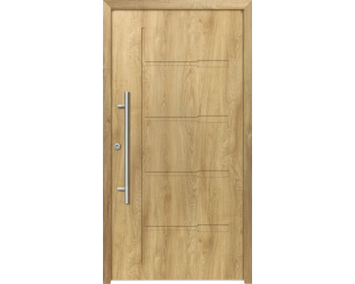 Holztür mit Griff und horizontalen Designelementen