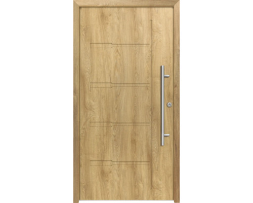 Haustür aus Holz mit Edelstahlgriff und horizontalen Zierfräsungen