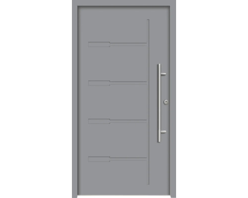Moderne Haustür mit Edelstahlgriff und horizontalen Designelementen