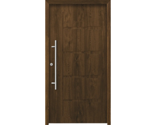 Haustür aus Holz mit Edelstahlgriff