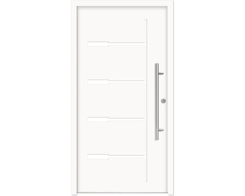 Splendoor Haustür ZEUS Aluminium 1000x2100 mm NCS S 0500-N Weiß DIN Links (nach innen öffnend) RC 2 inkl. Beschlagset und Profilzylinder mit 3 Schlüssel Weiße Haustür mit horizontalen, rechteckigen Designelementen und einem vertikalen, silberfarbenen Griff.