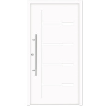 Porte d''entrée blanche avec poignée en acier inoxydable et éléments de design horizontaux