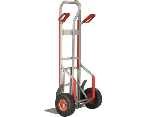 Sackkarre aus Metall mit roten Griffen und Rädern