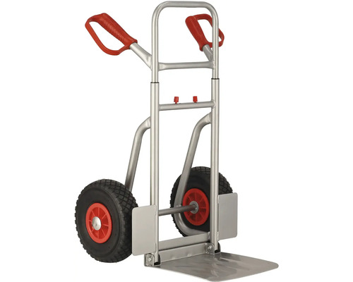 Diable en métal avec deux roues et poignées rouges