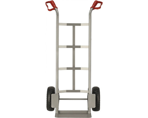 Sackkarre aus Metall mit roten Griffen und schwarzen Rädern