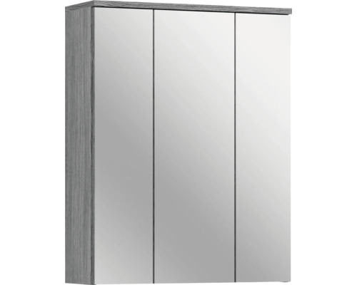 Xonox.home Armoire de toilette Blake 60 x 21 x 77 cm argent fumé 3 portes Armoire de toilette avec trois portes et décor en bois