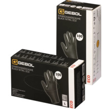 Deux paquets de gants jetables Gebol en nitrile noir, sans latex et non poudrés, avec des extrémités de doigts texturées et résistants à l''huile et à la graisse.