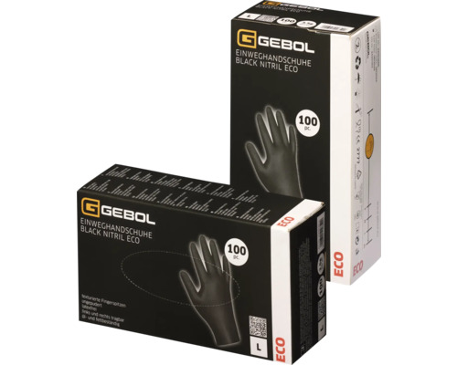 Deux paquets de gants jetables Gebol en nitrile noir, sans latex et non poudrés, avec des extrémités de doigts texturées et résistants à l''huile et à la graisse.