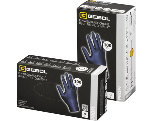Gants jetables Gebol « Blue Nitril Comfort » T. XL Deux paquets de gants jetables confortables en nitrile bleu Gebol, contenu 100 pièces