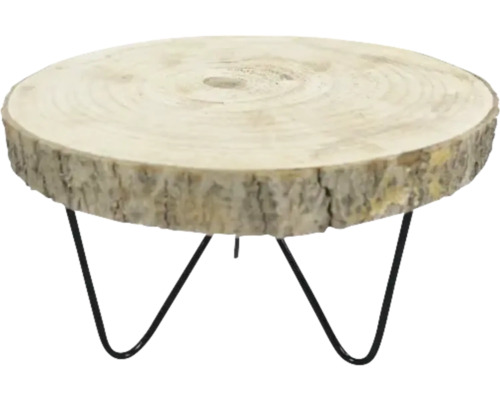 Dekorationstisch aus Baumscheibe mit Metallbeinen