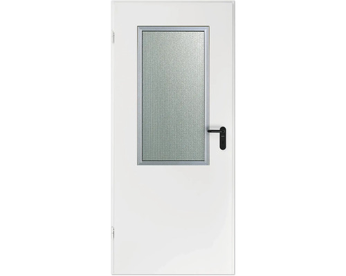 ZK-Türelement Hörmann Pulverbeschichtet Weiß 875x2000 mm links mit Lichtausschnitt inkl. Drahtornamentverglasung, Drückergarnitur Weiße Innentür mit Glaseinsatz und schwarzem Türgriff
