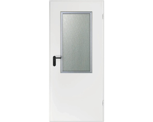 ZK-Türelement Hörmann Pulverbeschichtet Weiß 875x2000 mm rechts mit Lichtausschnitt inkl. Drahtornamentverglasung, Drückergarnitur Weiße Innentür mit Glaseinsatz und schwarzem Türgriff