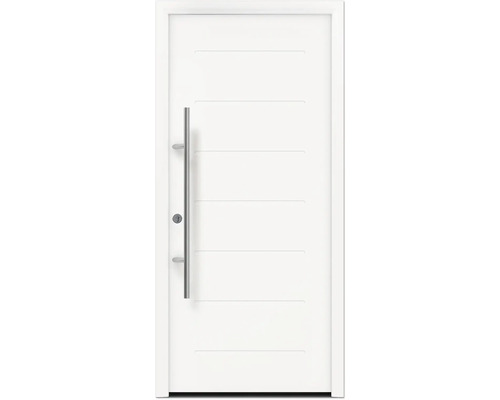 Porte d'entrée EcoStar ISOPRO Secur IPS 015 1000 x 2100 mm gauche blanc signalisation avec ensemble de ferrures, poignée barre en acier inoxydable, cylindre profilé de sécurité avec 5 clés Porte d''entrée blanche avec poignée en acier inoxydable
