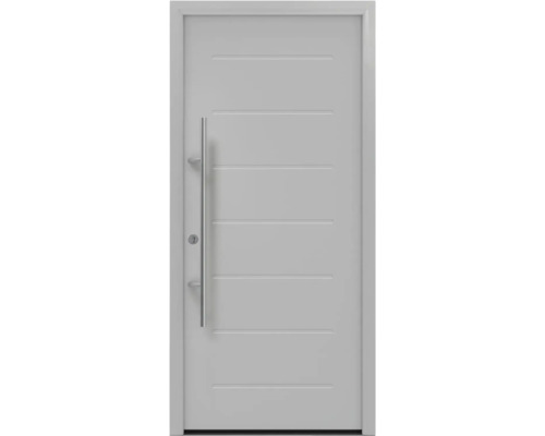 Porte d'entrée EcoStar ISOPRO Secur IPS 015 1000 x 2100 mm gauche aluminium blanc avec ensemble de ferrures, poignée barre en acier inoxydable, cylindre profilé de sécurité avec 5 clés Porte d''entrée moderne avec poignée verticale et rainures décoratives horizontales