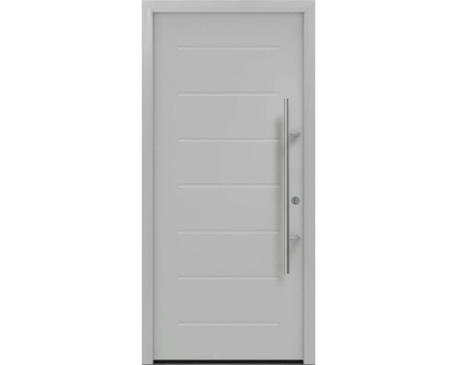 Moderne Haustür mit geraden Linien und Edelstahlgriff.