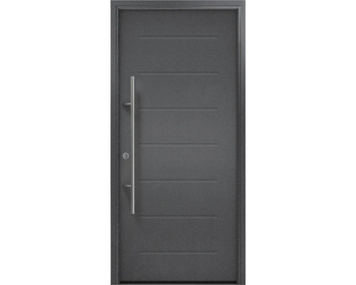 Porte d'entrée EcoStar ISOPRO Secur IPS 015 1000 x 2100 mm gauche anthracite avec ensemble de ferrures, poignée barre en acier inoxydable, cylindre profilé de sécurité avec 5 clés Porte d''entrée avec rainures horizontales et poignée barre