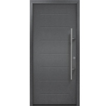 Porte d''entrée grise avec poignée en acier inoxydable et lignes décoratives horizontales