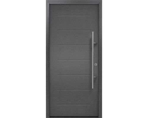 Porte d'entrée EcoStar ISOPRO Secur IPS 015 1000 x 2100 mm droite anthracite avec ensemble de ferrures, poignée barre en acier inoxydable, cylindre profilé de sécurité avec 5 clés Porte d''entrée grise avec poignée en acier inoxydable et lignes décoratives horizontales