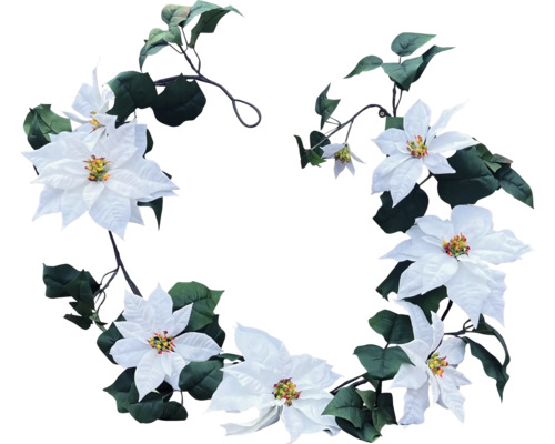Guirlande de plantes artificielles guirlande de Poinsettia en plastique L 200 cm blanc Couronne décorative avec des étoiles de Noël blanches et des feuilles vertes