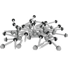 Eine Vielzahl von Bohrschrauben mit Dichtscheibe.