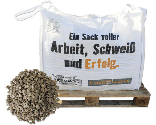 Gravillons FLAIRSTONE Big Bag 5 mm - 8 mm env. 785 kg = 0,5 m3 Sac d''agrégats sur une palette en bois avec un amas d''agrégats
