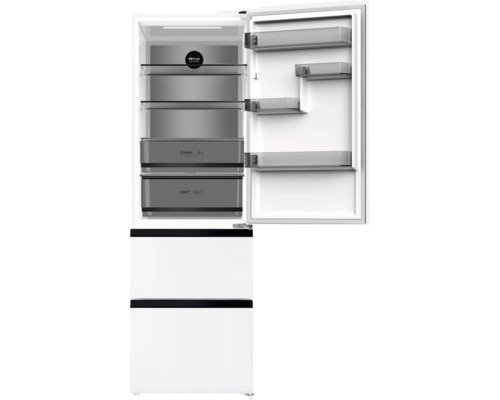 Geöffneter Kühlschrank mit Glasablagen und Gemüseschubladen