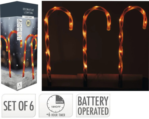 Sechserpack dekorative Zuckerstangenbeleuchtung mit 42 LEDs, 47 cm hoch und batteriebetrieben