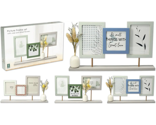 Set de cadres photo décoratifs avec trois cadres, vase et fleurs séchées sur une étagère
