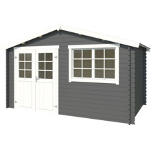 Graues Gartenhaus mit Doppeltür und Fenster