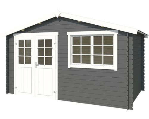 Graues Gartenhaus mit Doppeltür und Fenster