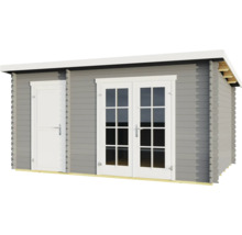 Abri de jardin gris avec double porte et porte simple