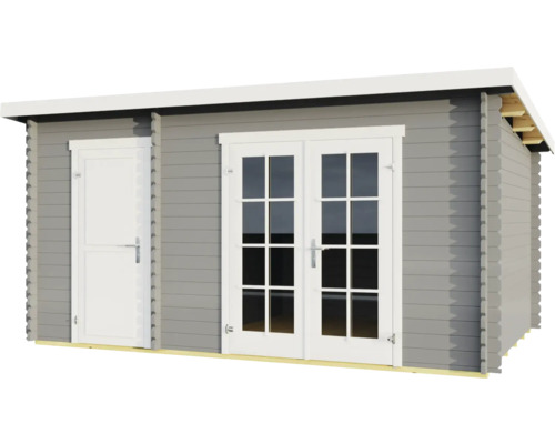 Abri de jardin gris avec double porte et porte simple