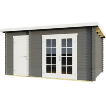 Graues Gartenhaus mit Doppeltür und Einzeltür