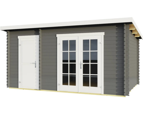 Graues Gartenhaus mit Doppeltür und Einzeltür