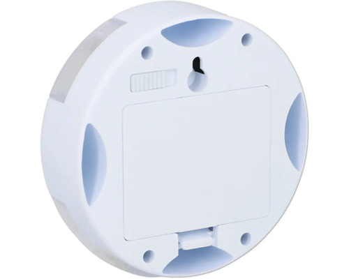 Arrière d''une lampe LED ronde avec compartiment à piles et interrupteur