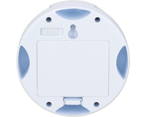 Arrière d''une lampe ronde avec interrupteur, couvercle de batterie et dispositif de suspension.