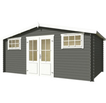 Gartenhaus aus Holz mit Fenstern und Doppeltür