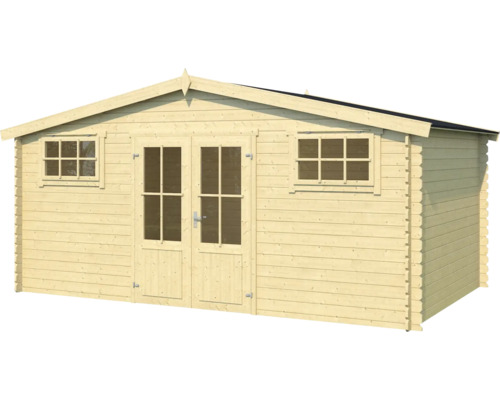 Gartenhaus aus Holz mit Fenstern und Doppeltür