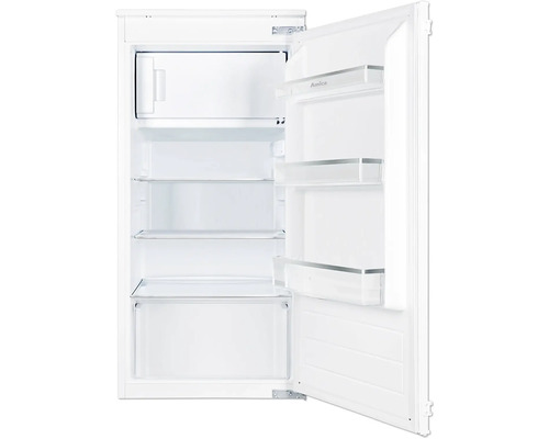 Geöffneter, weisser Kühlschrank mit Glasablagen