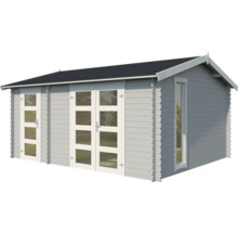 Graues Gartenhaus aus Holz mit Fenstern und Türen