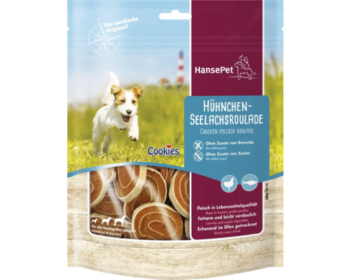 Friandises pour chiens Cookies lieu noir et poulet Roulade 200 g Hansepet Chicken Pollock Roulade biscuits pour chiens dans l''emballage