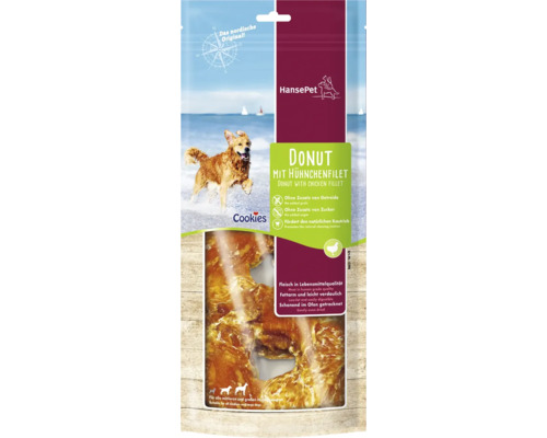En-cas pour chien Cookies Donut lot de 2 poulet env. 220 g Hansepet Donut aux filets de poulet, snack pour chien dans son emballage