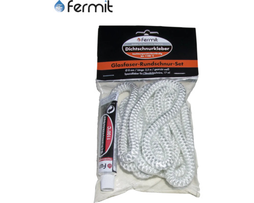 Ofendichtschnur-Set Fermit 6 mm 2,5 m lang inkl. 30g Kleber Fermit Glasfaser Rundschnur Set mit Schamottkleber, 8 mm Durchmesser, 2,5 m Länge
