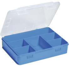 Boîte à outils bleue avec couvercle transparent et compartiments