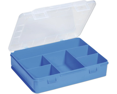 Boîte à outils bleue avec couvercle transparent et compartiments