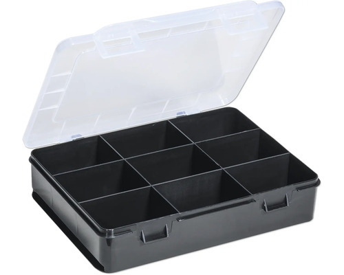 Boîte d''assortiment avec couvercle transparent et neuf compartiments