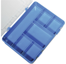 Boîte d''assortiment bleue avec compartiments et couvercle transparent